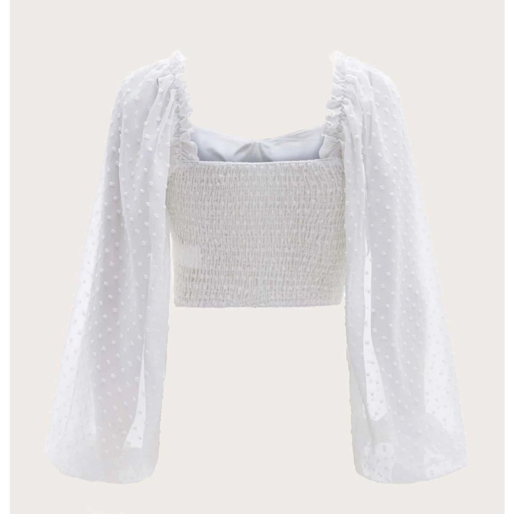 White Swiss Dot Sheer Sleeve Crop Blouse Top - Picture 7 of 11